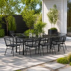 Outdoor Dining Set 9 Piece Black Poly Rattan Glass Top Garden Furniture