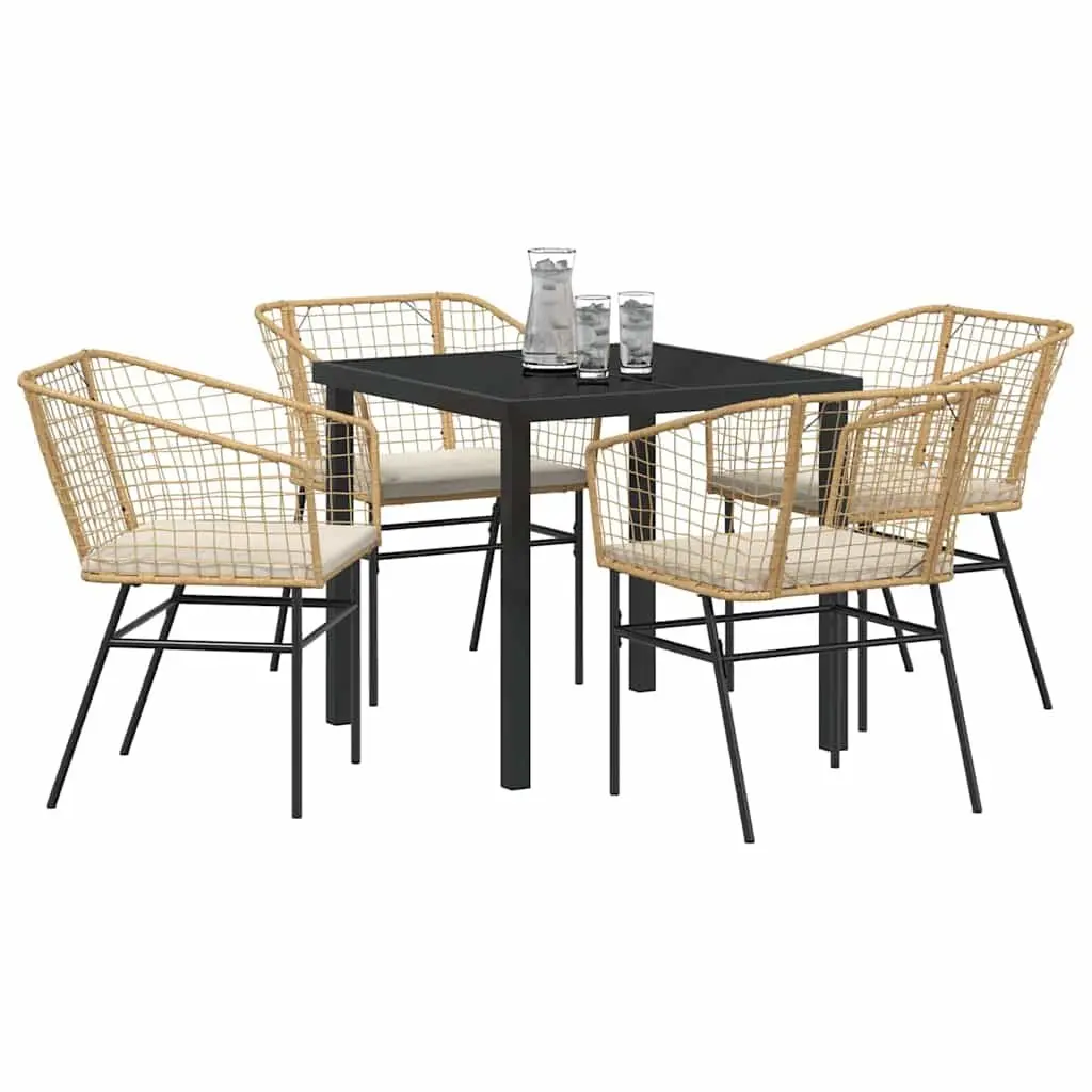 5 Piece Patio Dining Set Brown Poly Rattan Outdoor Furniture Table with Glass Top and Armrest Chairs