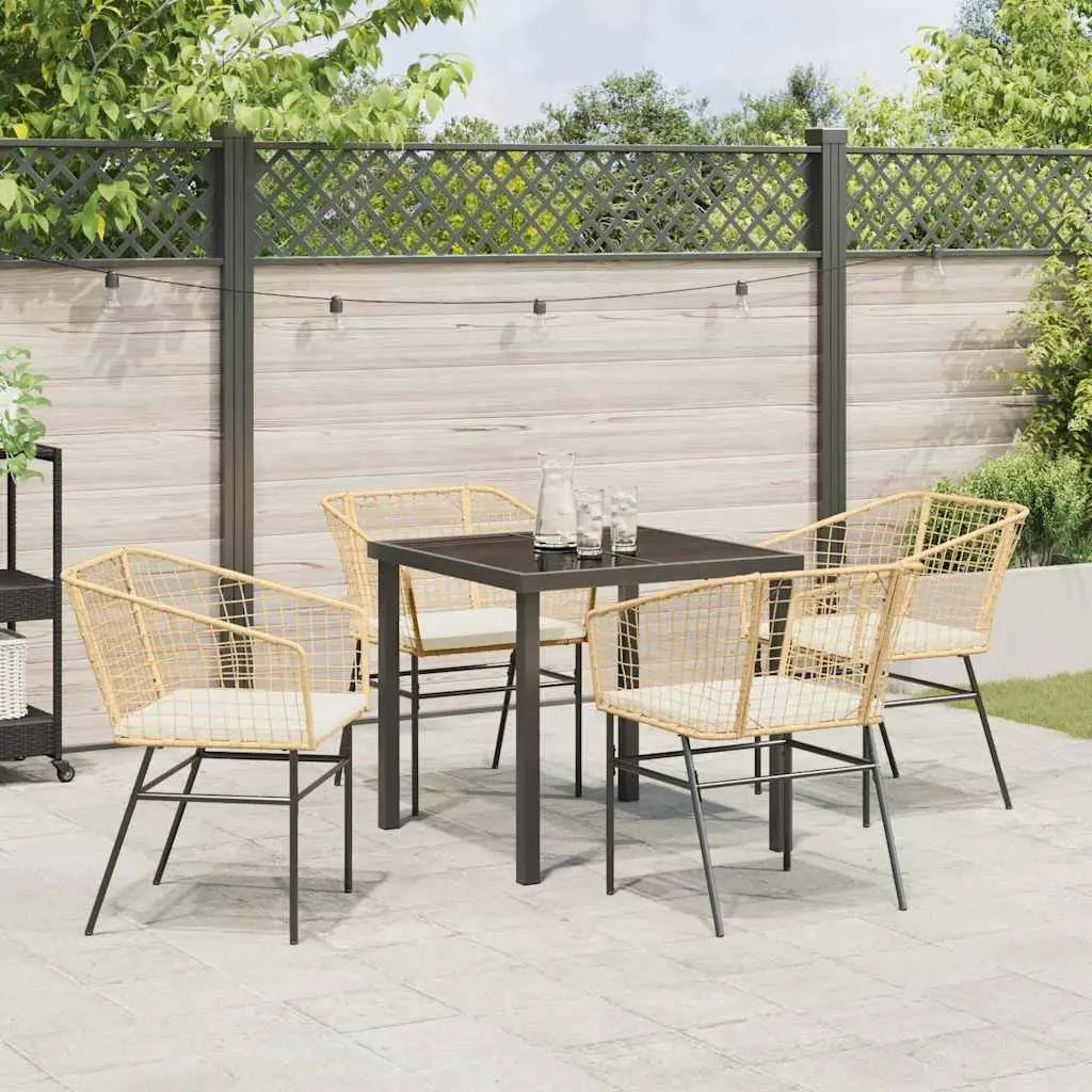 5 Piece Patio Dining Set Brown Poly Rattan Outdoor Furniture Table with Glass Top and Armrest Chairs
