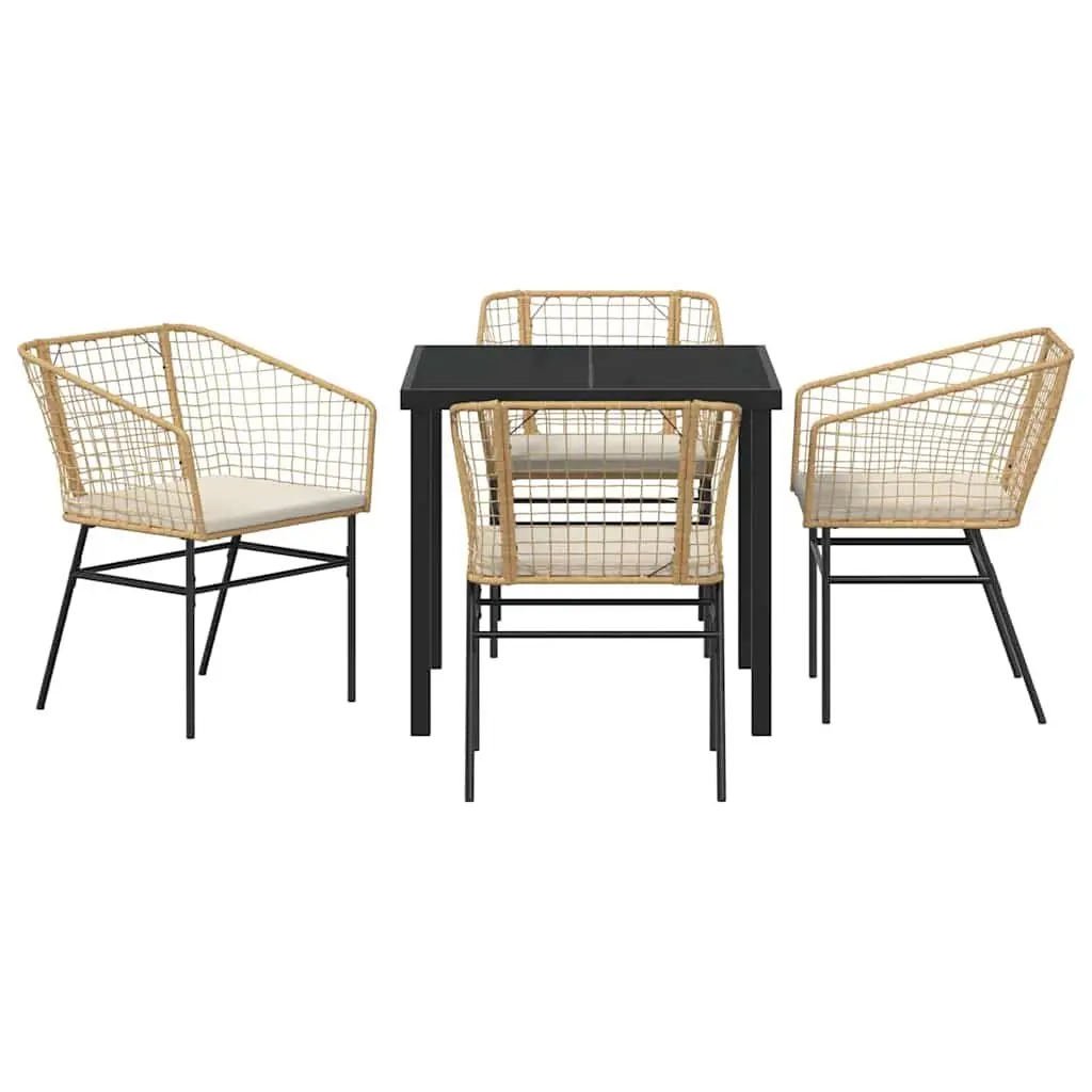 5 Piece Patio Dining Set Brown Poly Rattan Outdoor Furniture Table with Glass Top and Armrest Chairs