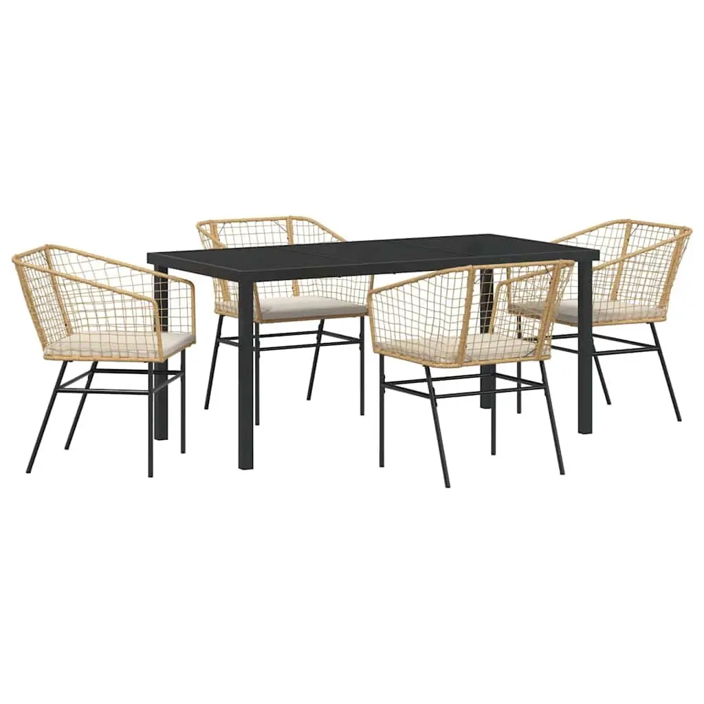 5 Piece Garden Dining Set Poly Rattan Outdoor Furniture Brown Glass Top Patio
