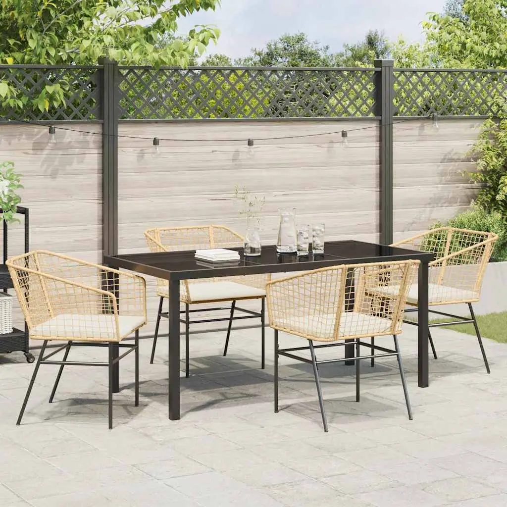5 Piece Garden Dining Set Poly Rattan Outdoor Furniture Brown Glass Top Patio