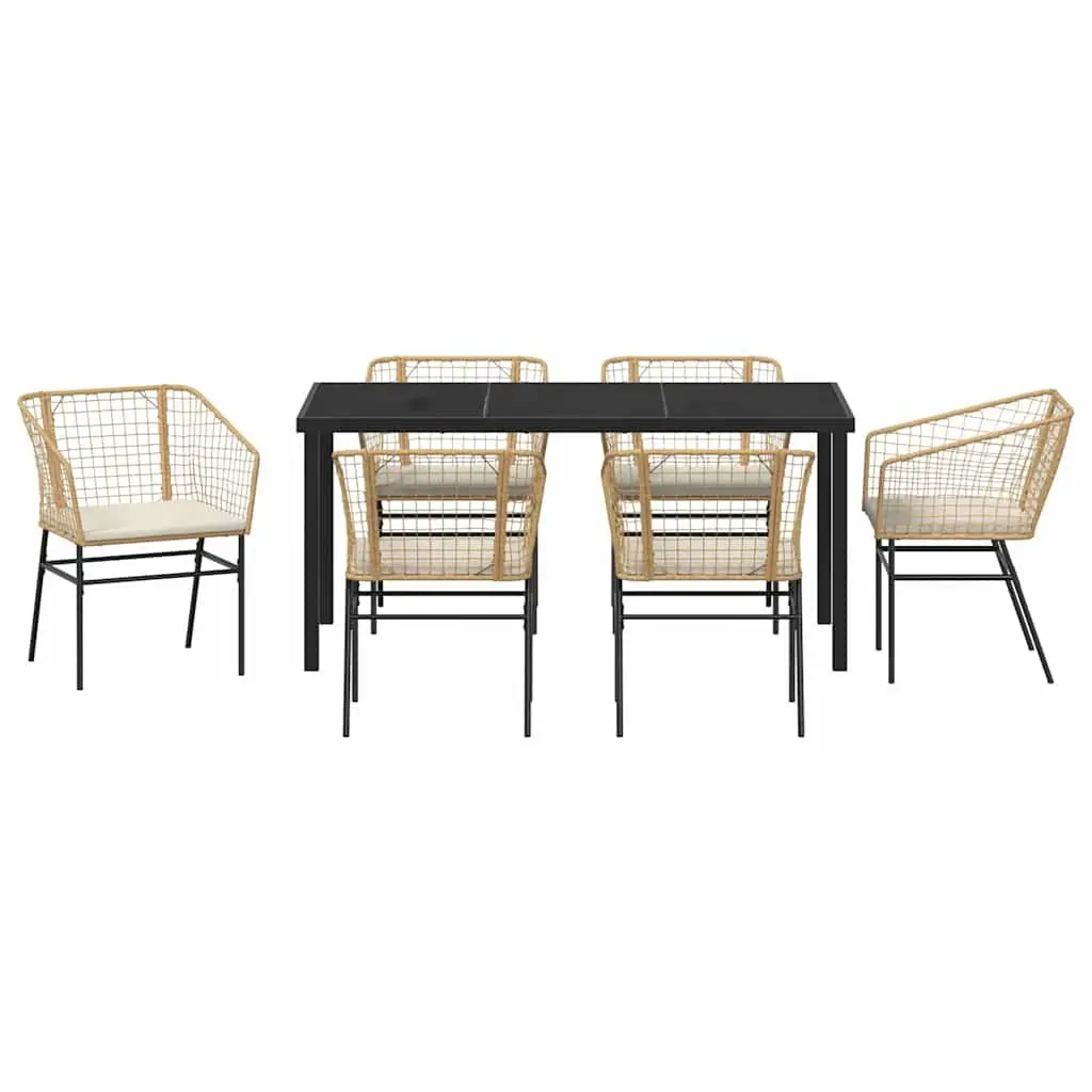 Garden Dining Set 7 Pieces Brown Outdoor Furniture Patio Table Chairs Glass Top