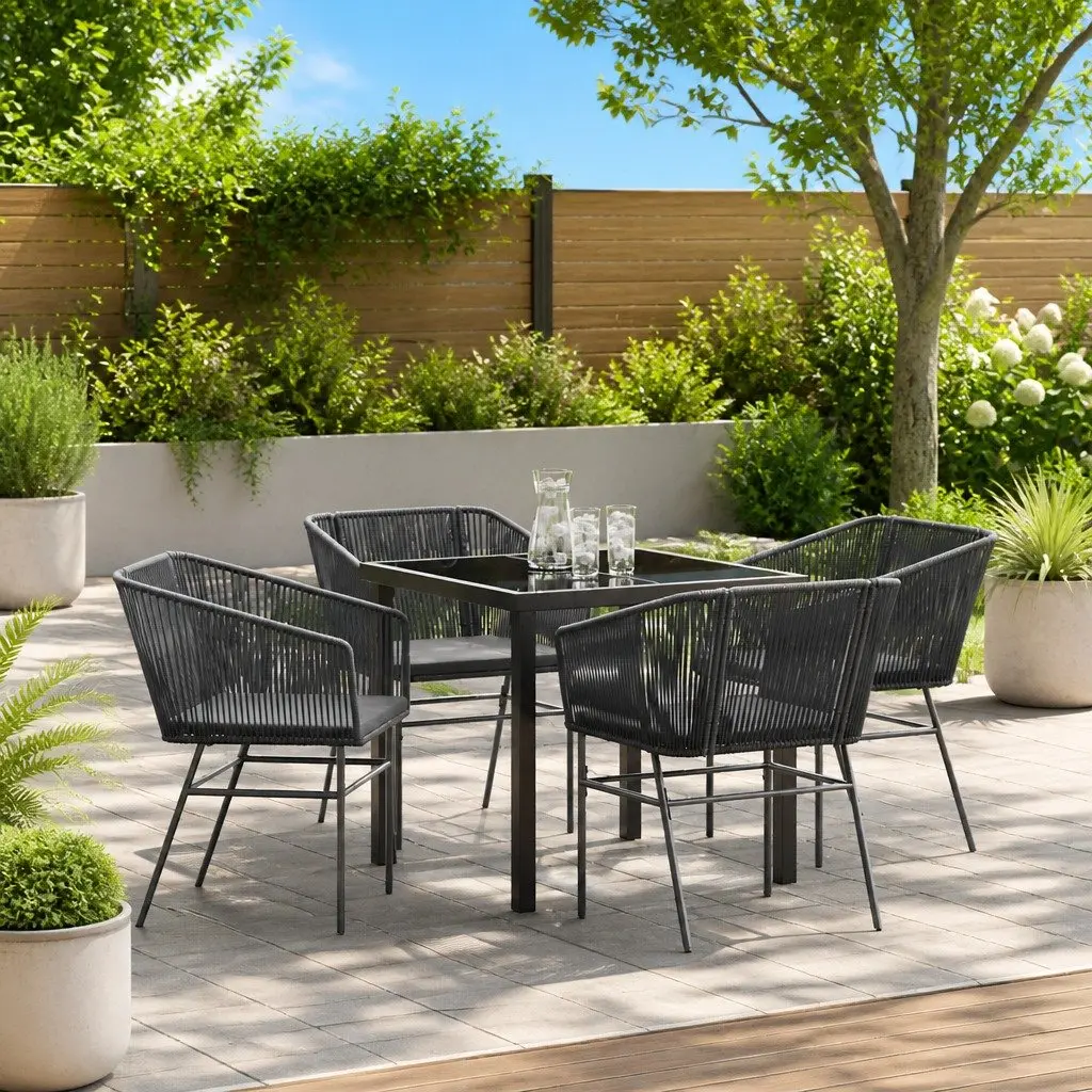 Garden Dining Set Black Powder-coated Steel 5 Piece Rectangular Table and Chairs with Cushions