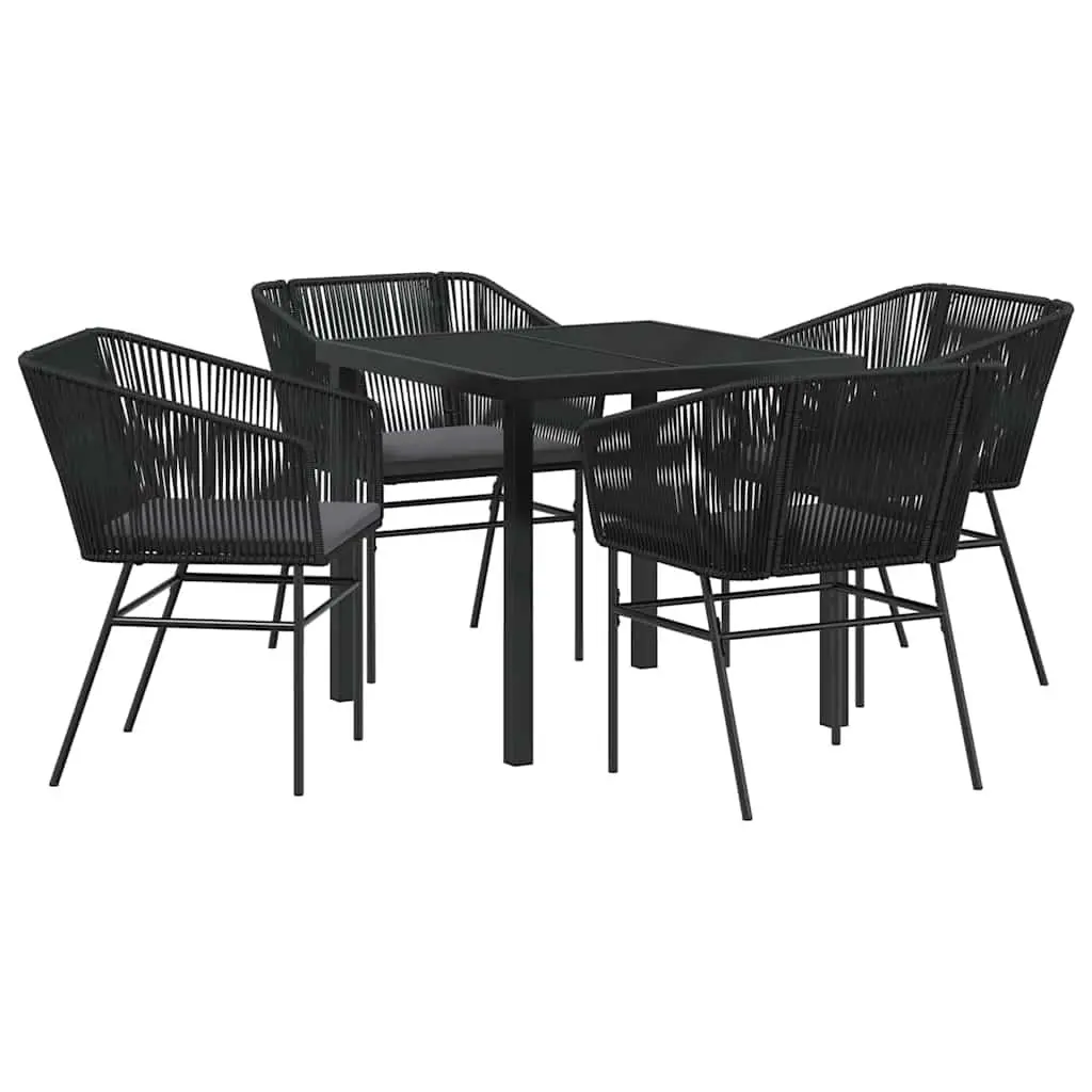 Garden Dining Set Black Powder-coated Steel 5 Piece Rectangular Table and Chairs with Cushions