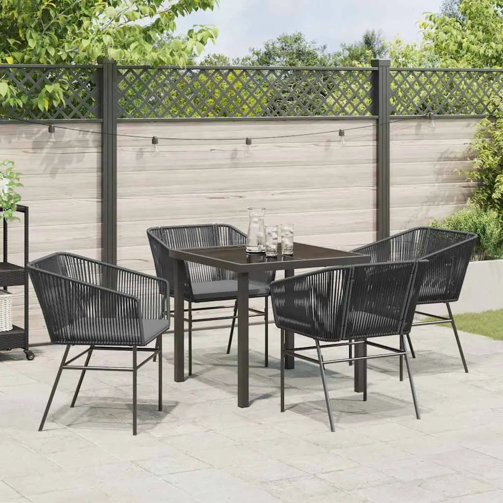 Garden Dining Set Black Powder-coated Steel 5 Piece Rectangular Table and Chairs with Cushions