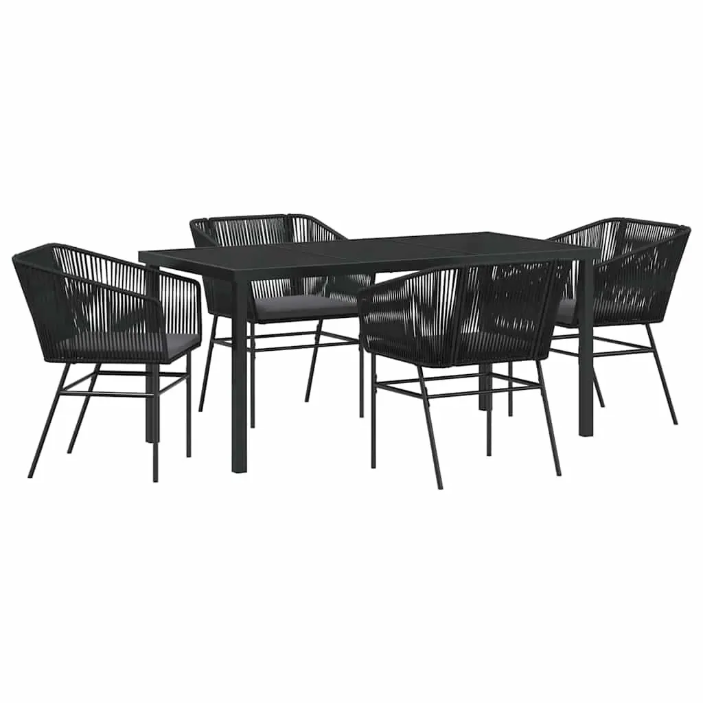 Garden Dining Set Black Powder-Coated Steel Rectangular Table with 4 Chairs and Weatherproof Cushions