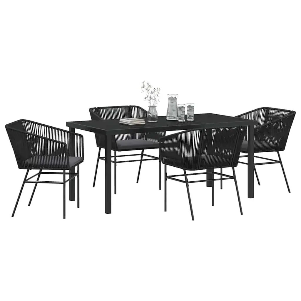 Garden Dining Set Black Powder-Coated Steel Rectangular Table with 4 Chairs and Weatherproof Cushions