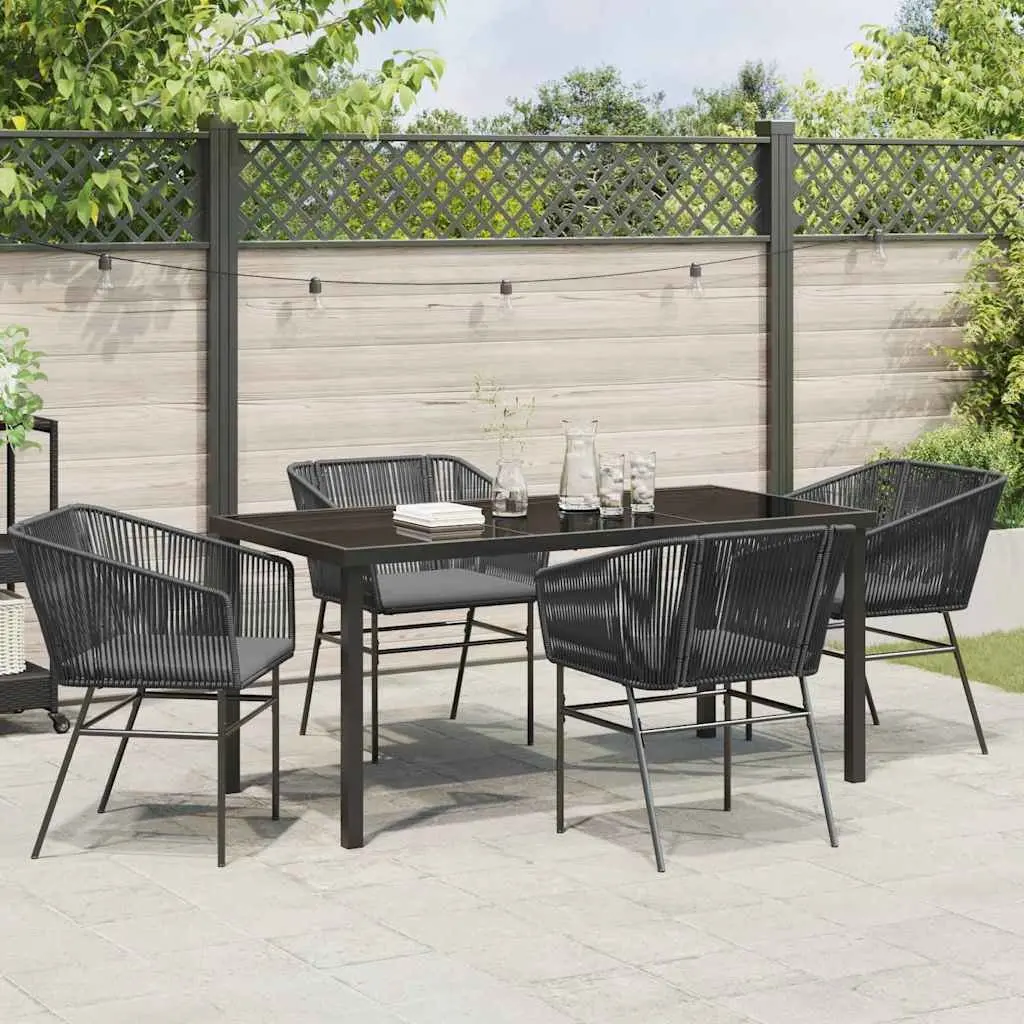 Garden Dining Set Black Powder-Coated Steel Rectangular Table with 4 Chairs and Weatherproof Cushions