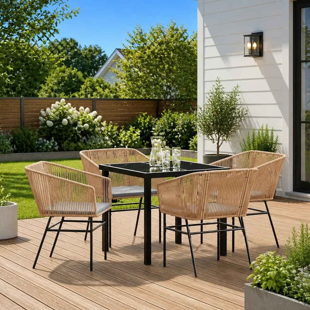 Garden Dining Set Brown Powder-coated Steel Frame 5 Piece Rectangular Tempered Glass Table with 4 Chairs