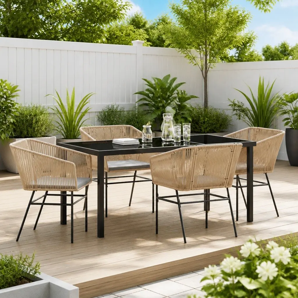 Garden Dining Set Brown Powder-coated Steel 5 Piece Modern Minimalist Outdoor Patio Furniture with Cushions