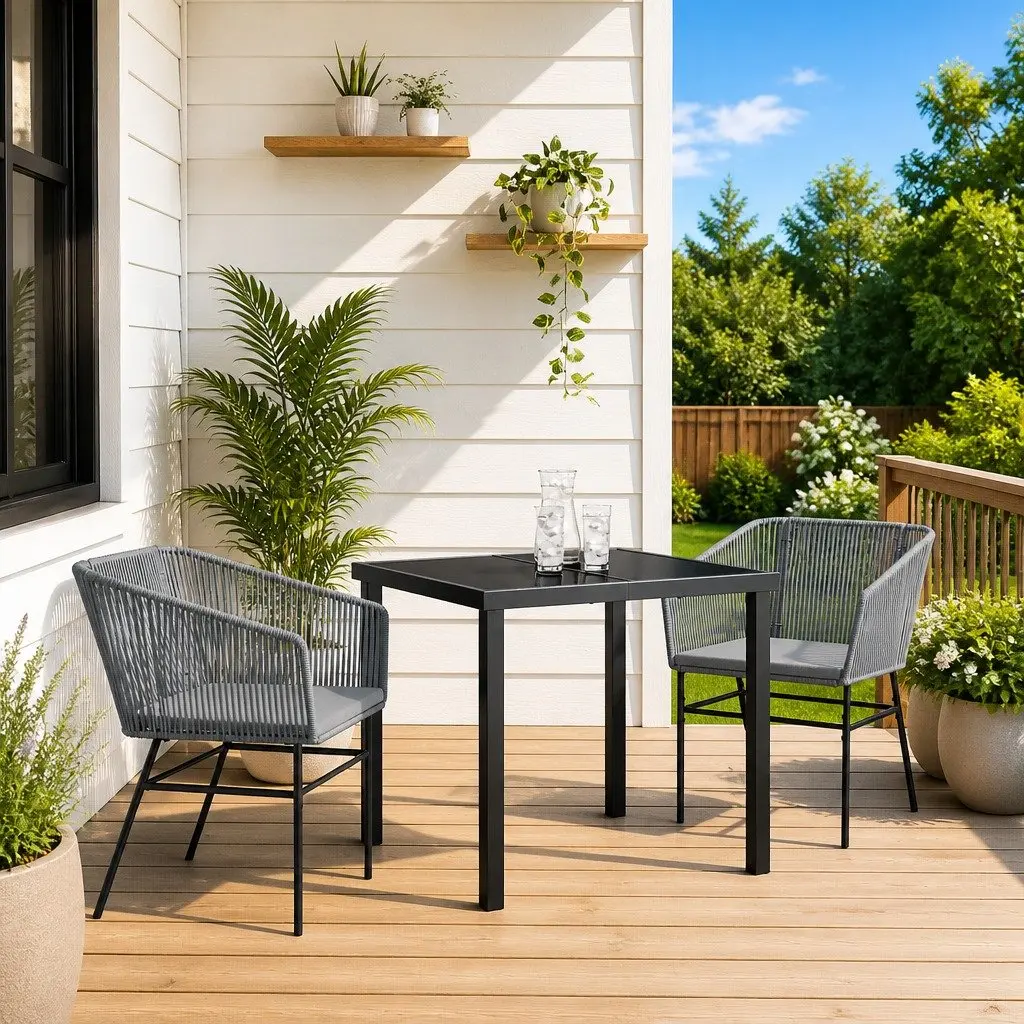 Outdoor Furniture Dining Set Rectangular Minimalist 3 Pieces Grey Powder-Coated Steel with Cushions