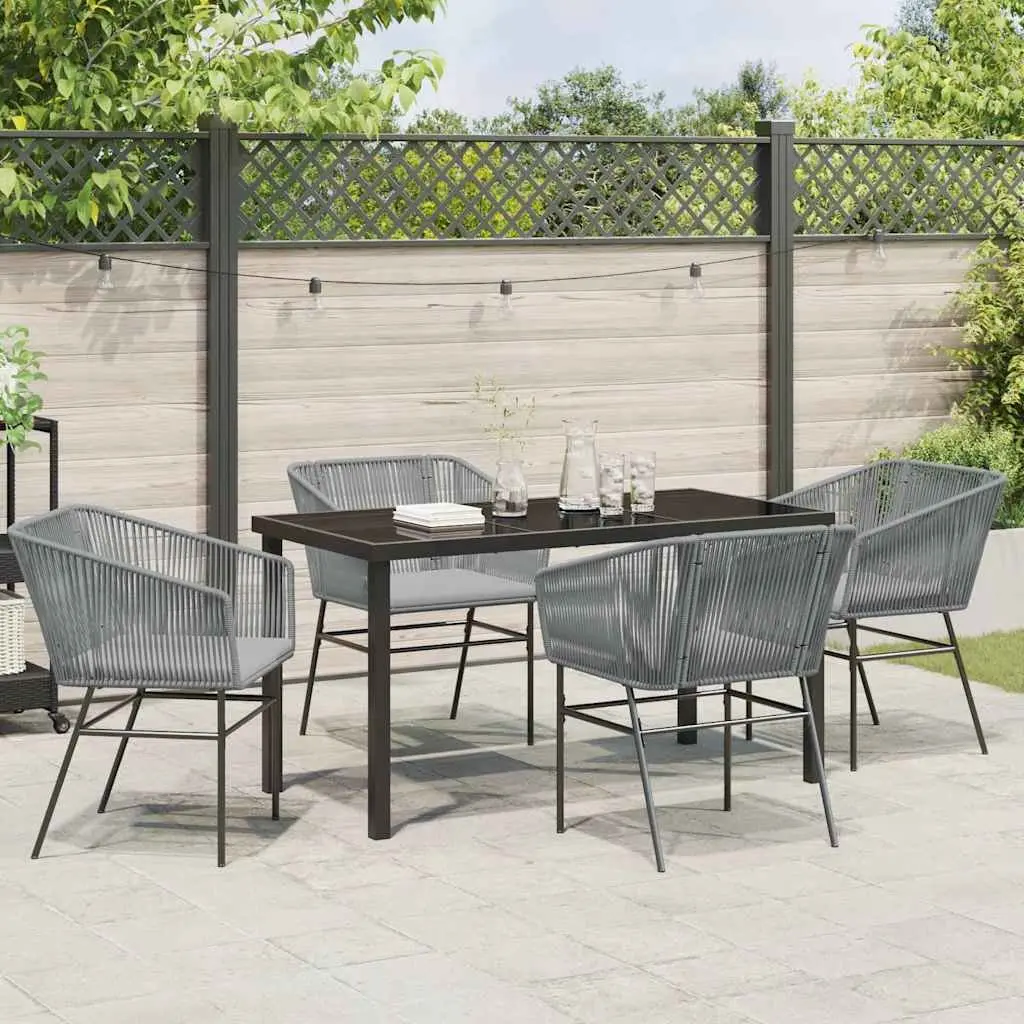Garden Dining Set 5 Piece Outdoor Furniture Rectangular Table with Tempered Glass Top and Four Chairs with Cushions Grey Powder-coated Steel