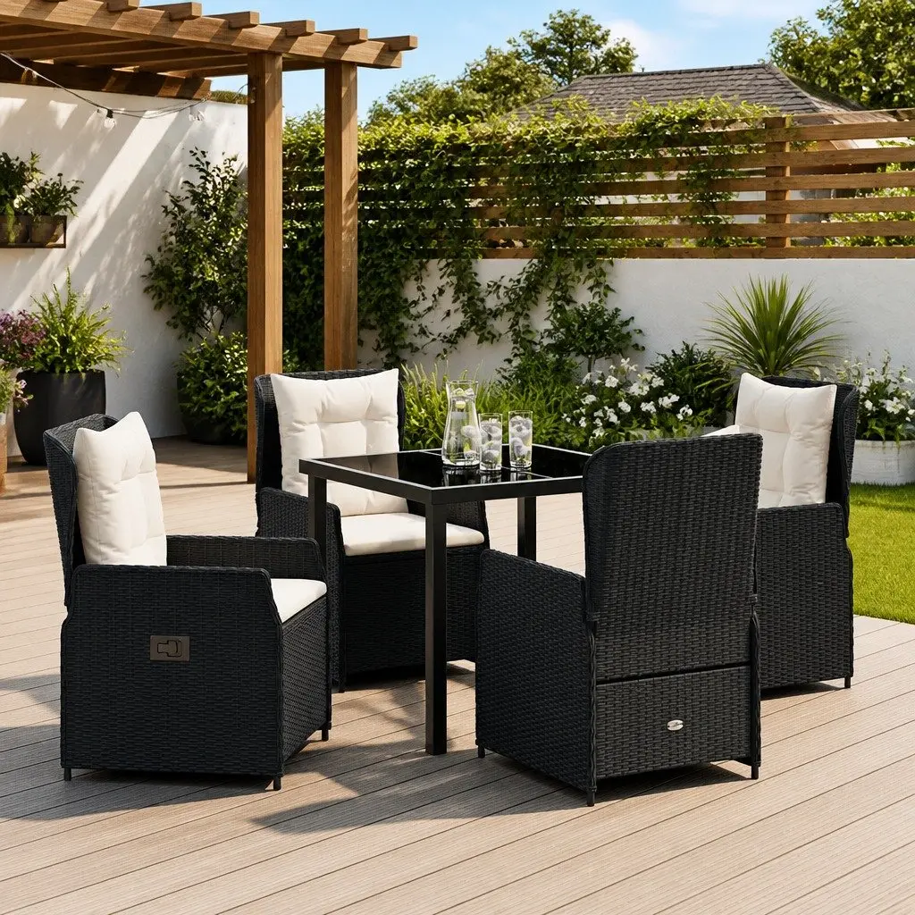 Outdoor Dining Set Poly Rattan 5 Piece Black Garden Furniture Table Chairs