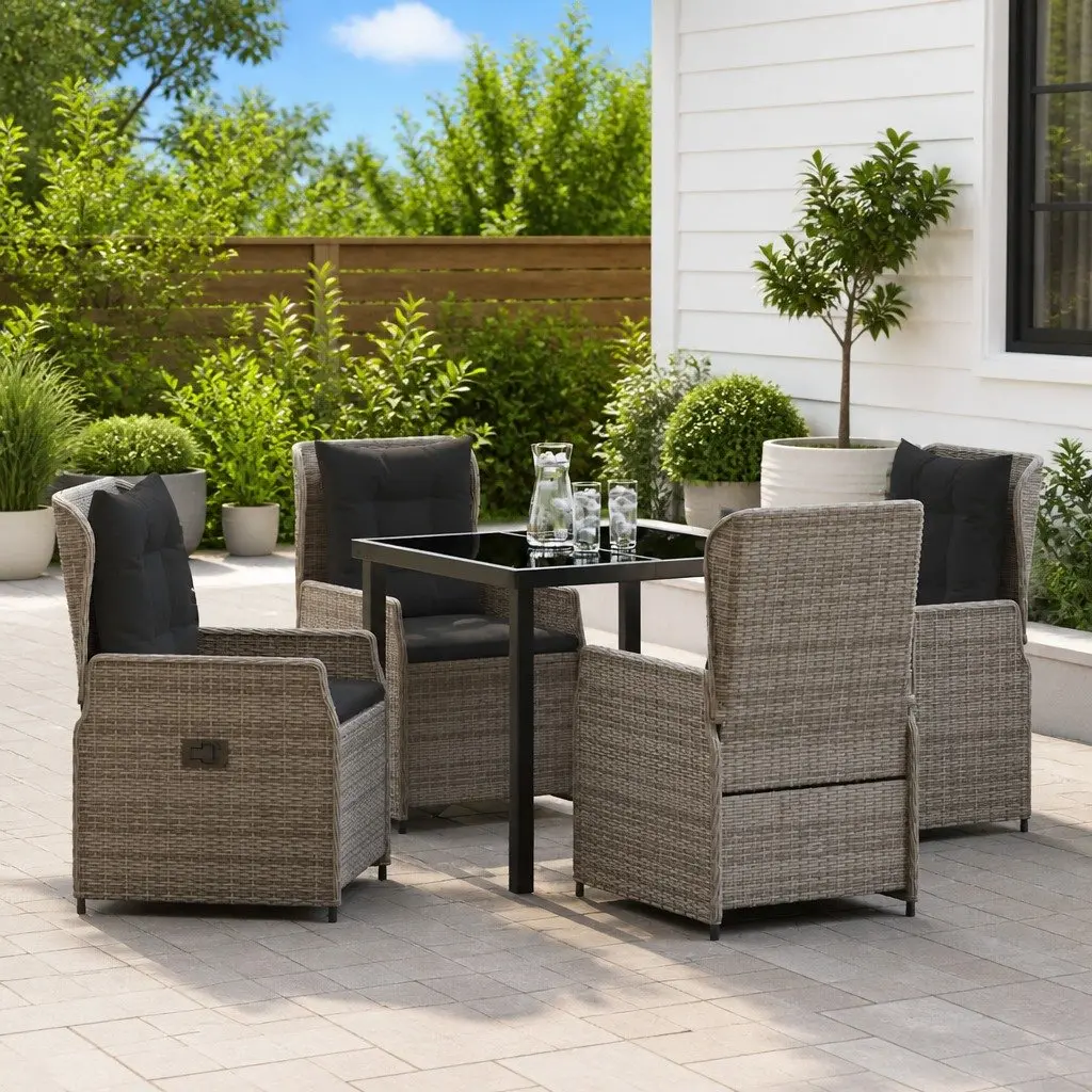 Garden Dining Set 5 Pieces Grey Poly Rattan Table with Tempered Glass Top and Adjustable Backrest Chairs