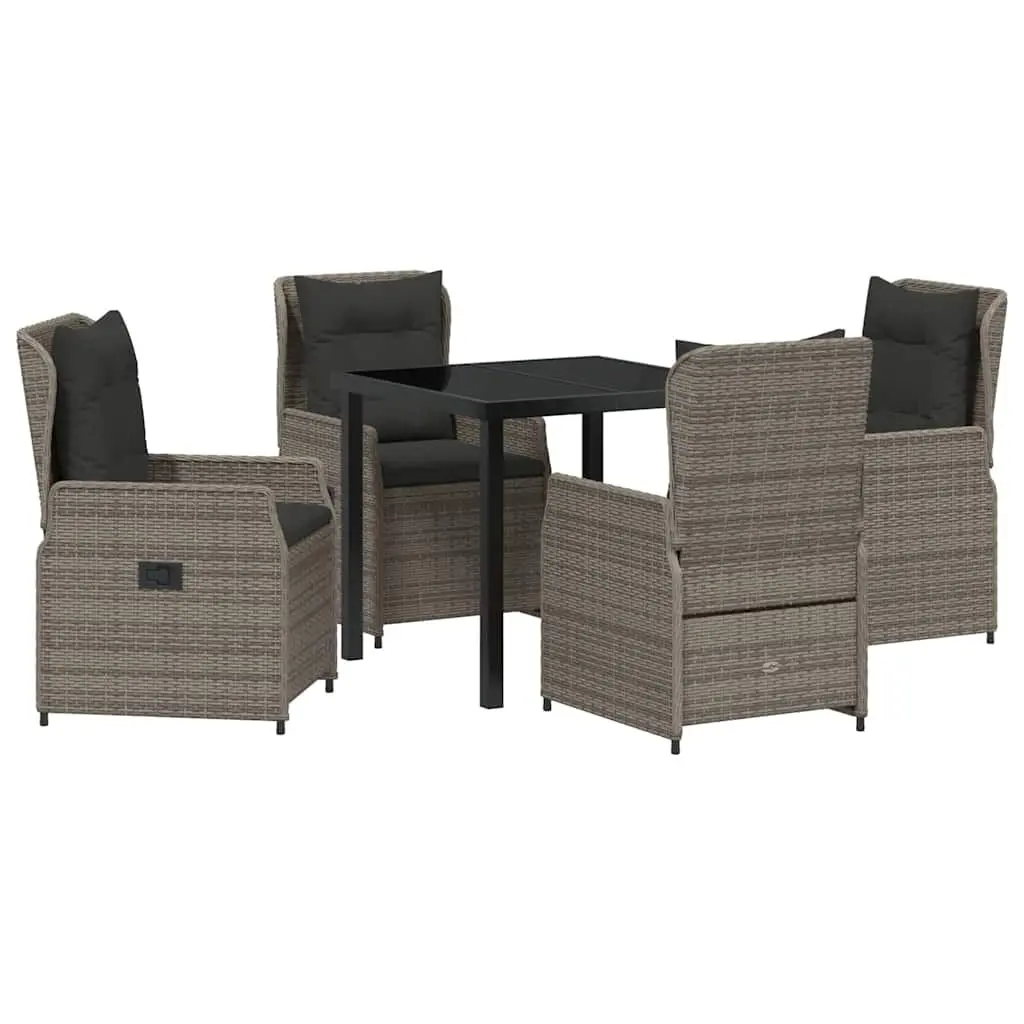 Garden Dining Set 5 Pieces Grey Poly Rattan Table with Tempered Glass Top and Adjustable Backrest Chairs