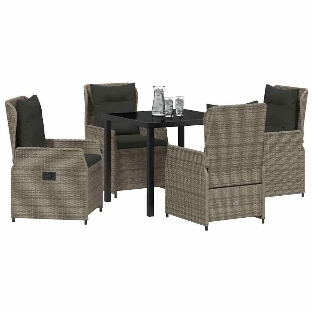 Garden Dining Set 5 Pieces Grey Poly Rattan Table with Tempered Glass Top and Adjustable Backrest Chairs