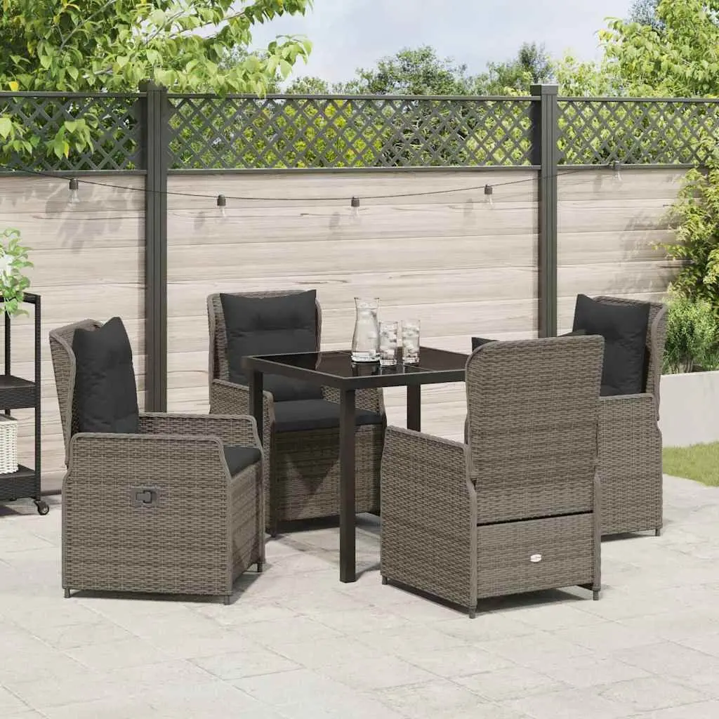Garden Dining Set 5 Pieces Grey Poly Rattan Table with Tempered Glass Top and Adjustable Backrest Chairs