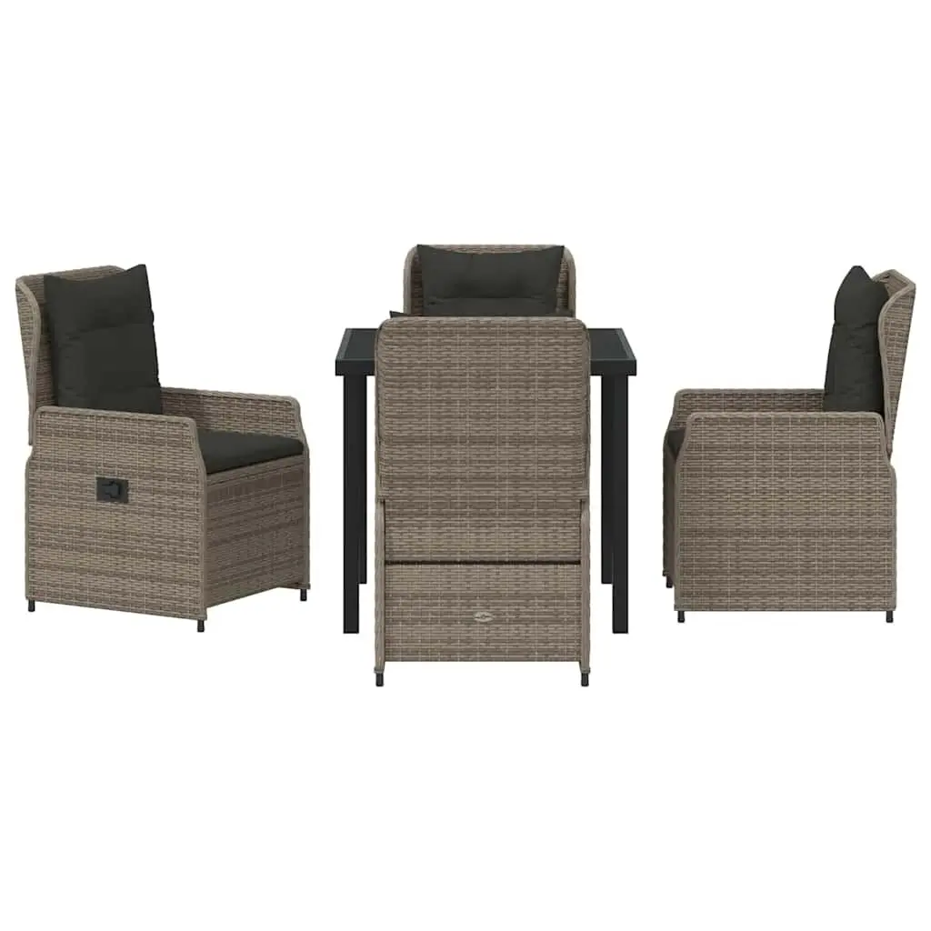 Garden Dining Set 5 Pieces Grey Poly Rattan Table with Tempered Glass Top and Adjustable Backrest Chairs