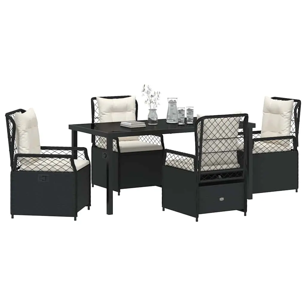 Outdoor Dining Set Black Poly Rattan Table with Tempered Glass Top and Four Foam Cushioned Chairs