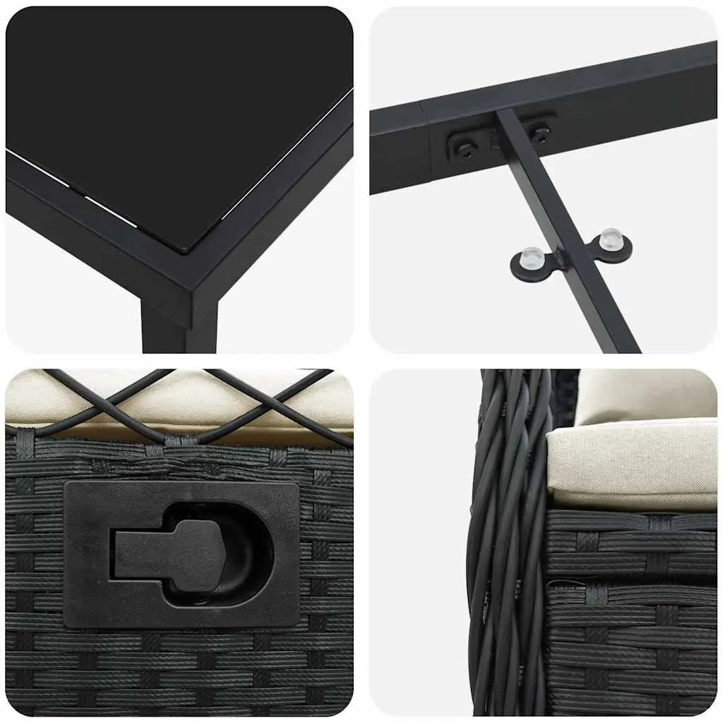 Outdoor Dining Set Black Poly Rattan Table with Tempered Glass Top and Four Foam Cushioned Chairs