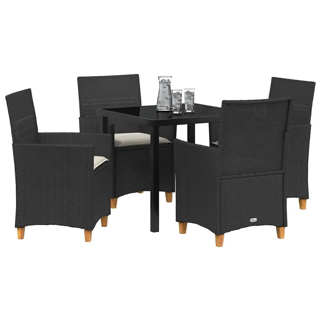 Outdoor Dining Set Poly Rattan Weather Resistant 5 Piece Black Table with Chairs and Cushions