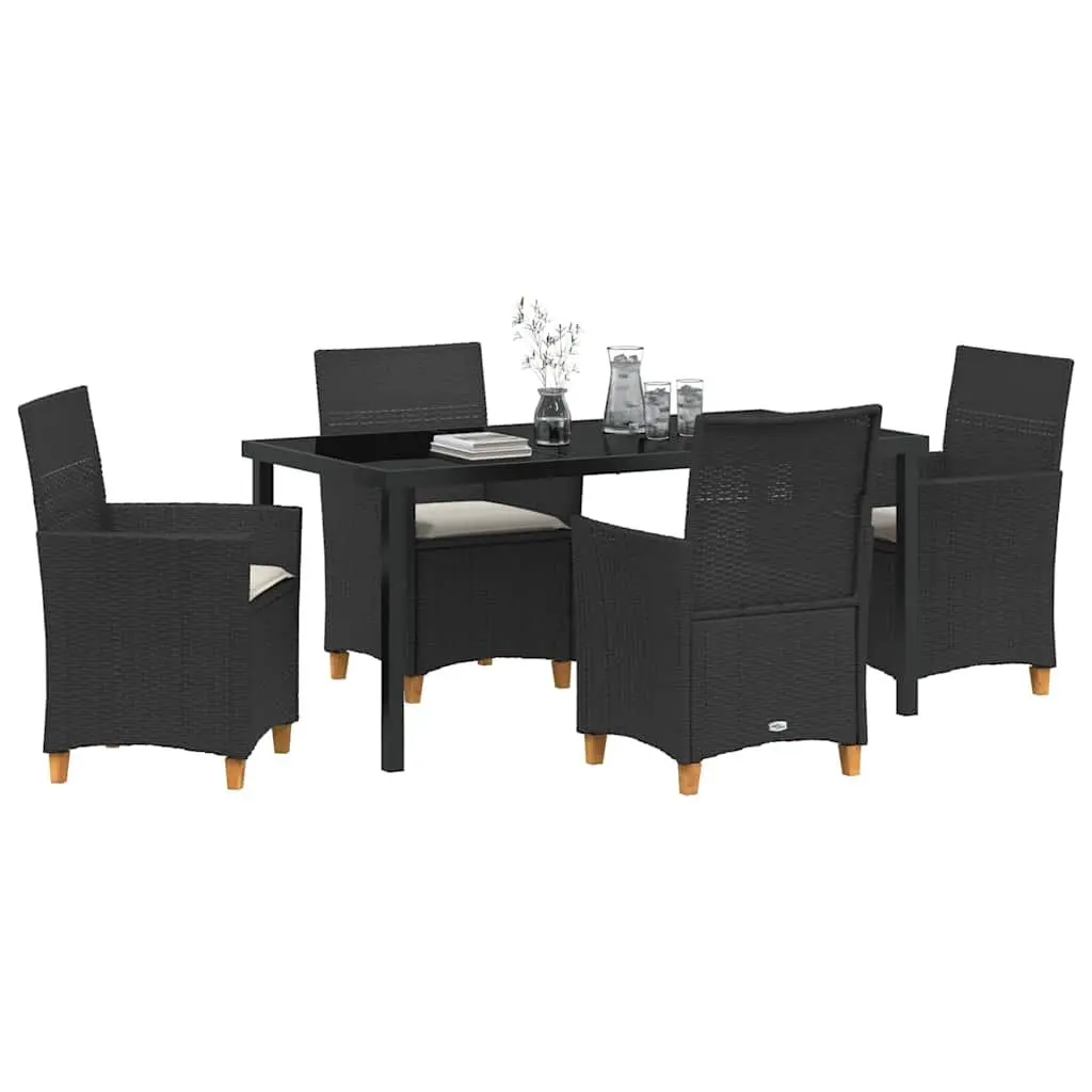 Outdoor Dining Set 5 Pieces Poly Rattan Steel Frame Glass Top Black