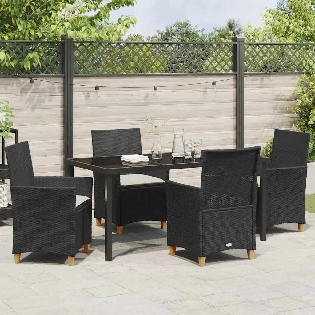 Outdoor Dining Set 5 Pieces Poly Rattan Steel Frame Glass Top Black