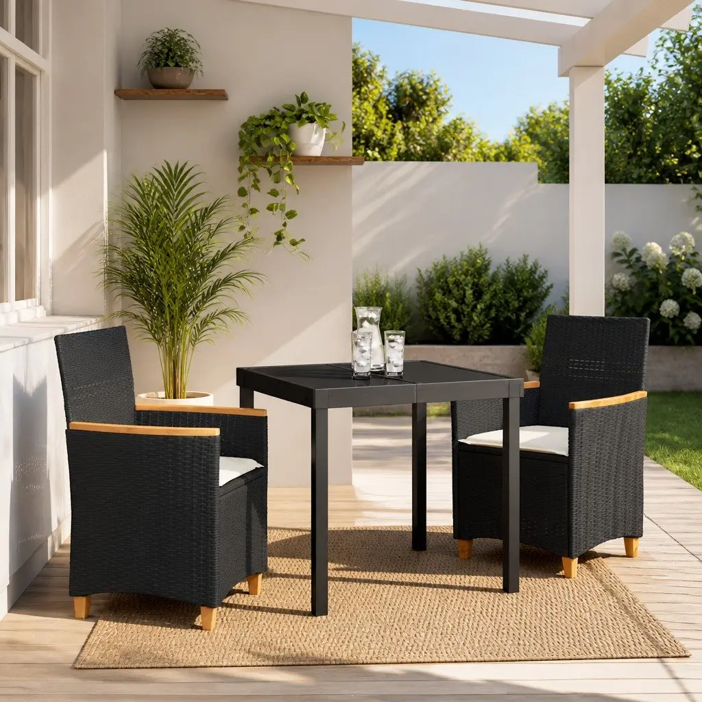 Outdoor Patio Furniture Set 3 Piece Black Poly Rattan Steel Frame Glass Top