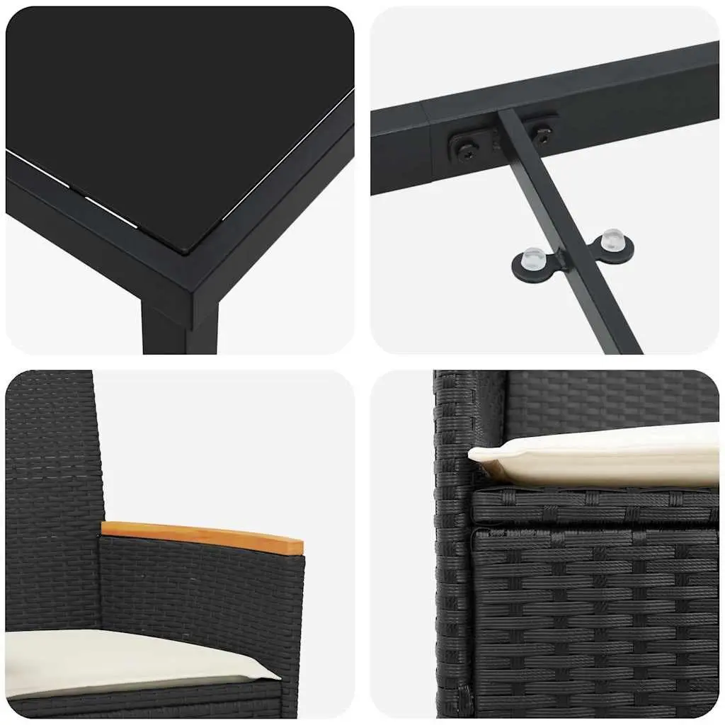Outdoor Patio Furniture Set 3 Piece Black Poly Rattan Steel Frame Glass Top