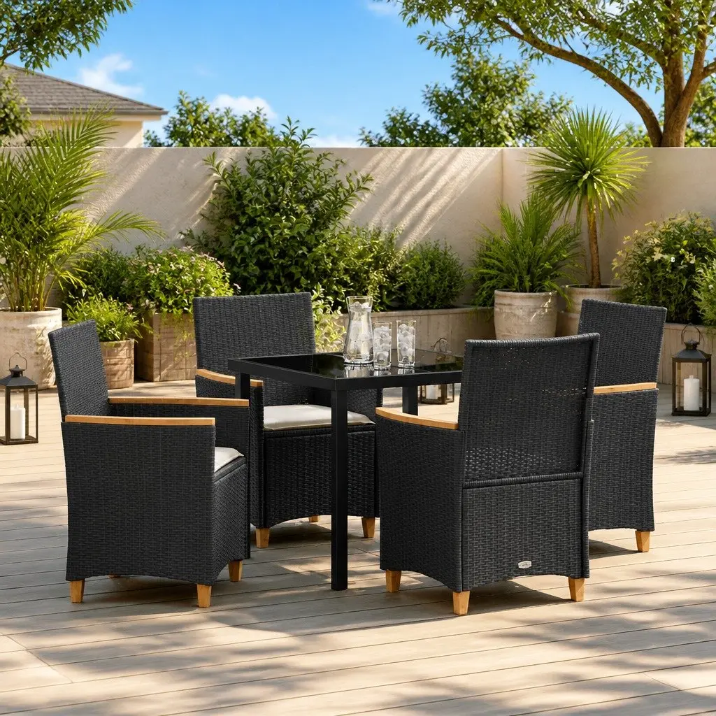 Outdoor Dining Set 5 Piece Glass Top Poly Rattan Steel Frame Black