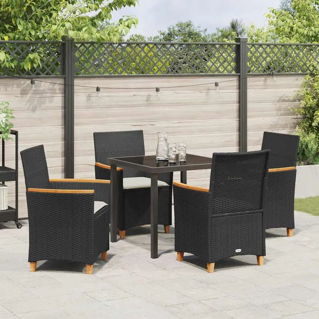 Outdoor Dining Set 5 Piece Glass Top Poly Rattan Steel Frame Black