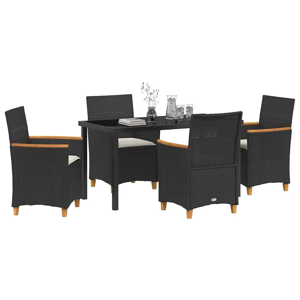 Outdoor Dining Set Poly Rattan Steel Frame Glass Top 5 Pieces Cushioned Seating Black Brown