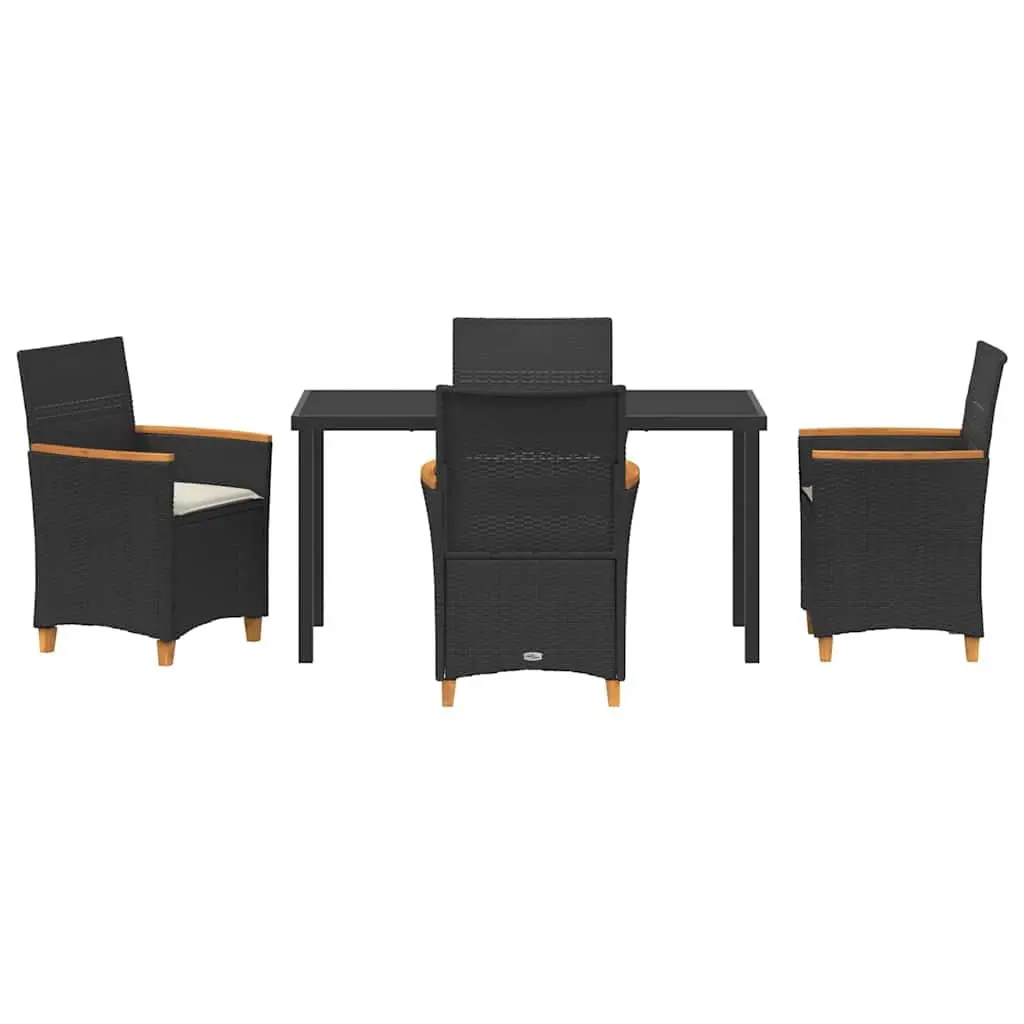 Outdoor Dining Set Poly Rattan Steel Frame Glass Top 5 Pieces Cushioned Seating Black Brown