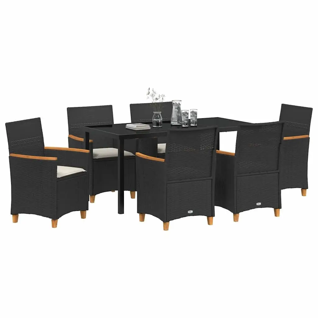 7 Piece Dining Set Patio Furniture Poly Rattan Steel Frame Black with Brown Tones Suitable for Outdoor Garden and Terrace Use