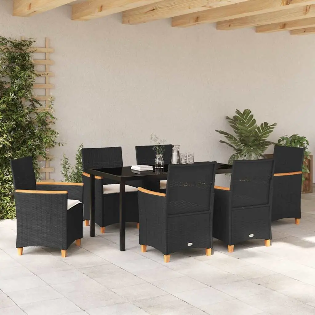 7 Piece Dining Set Patio Furniture Poly Rattan Steel Frame Black with Brown Tones Suitable for Outdoor Garden and Terrace Use