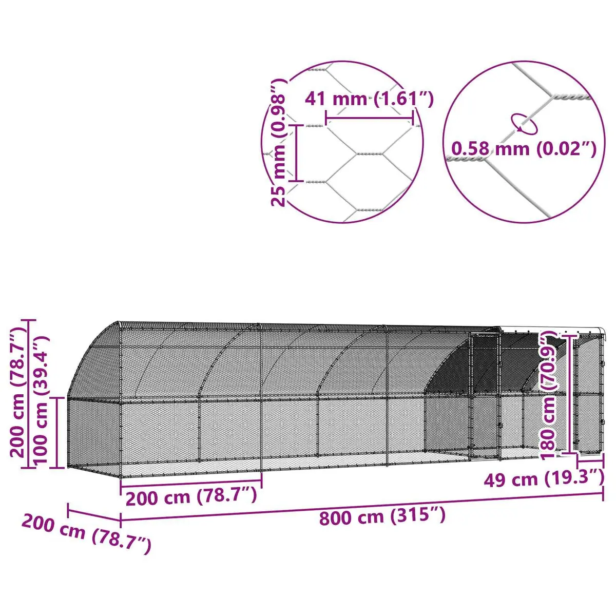 Chicken Cage 4 pcs Silver Outdoor Aviary Steel PE Garden Enclosure 800x200x200cm