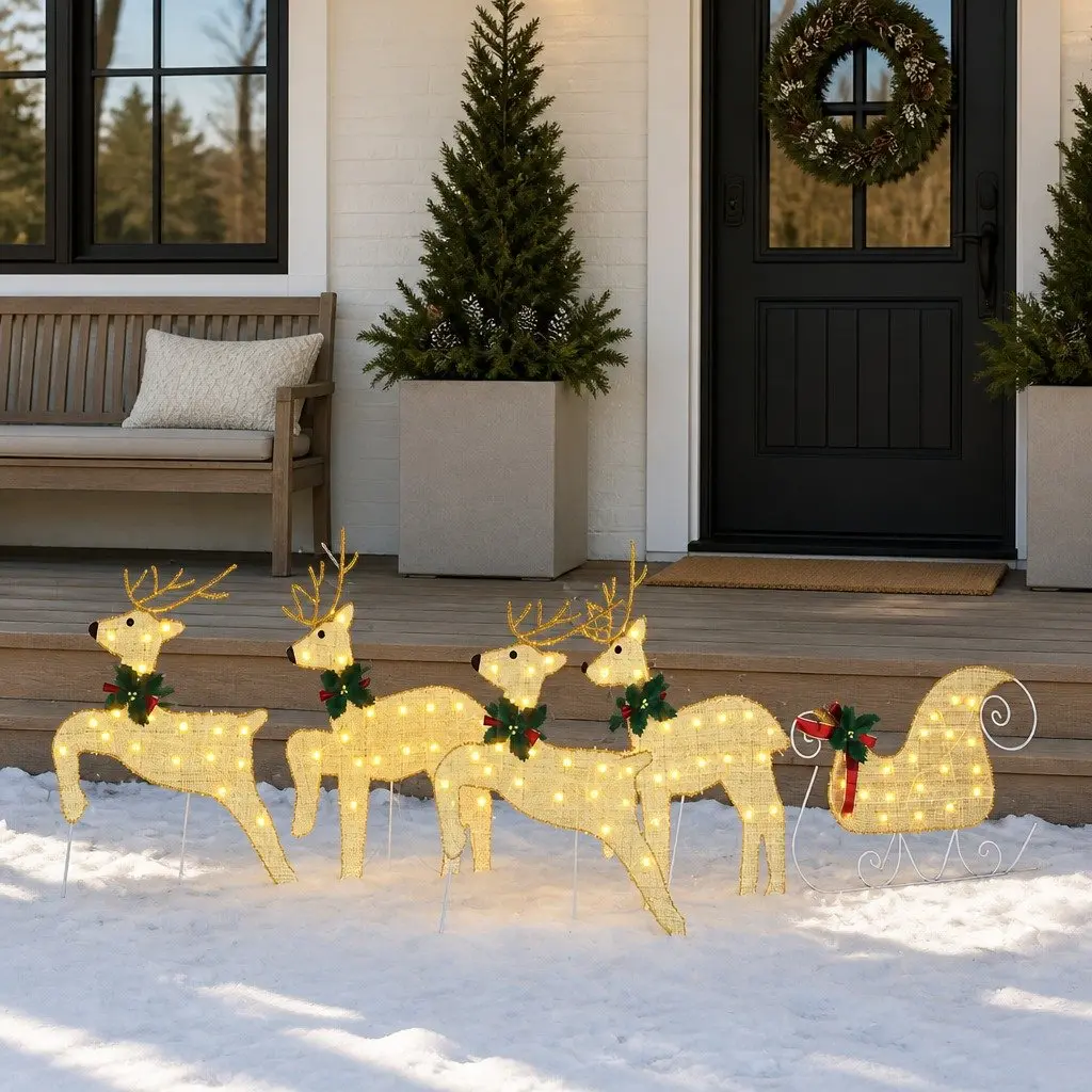 LED Reindeers Fabric 5 Piece Gold Christmas Holiday Home Garden Decoration