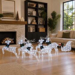 LED Reindeer Decorations 7 pcs White Fabric Art Deco Style Christmas Holiday