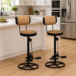Bar Stools with Canvas Print Padded Seat Backrest Iron Frame Brown 2 pcs