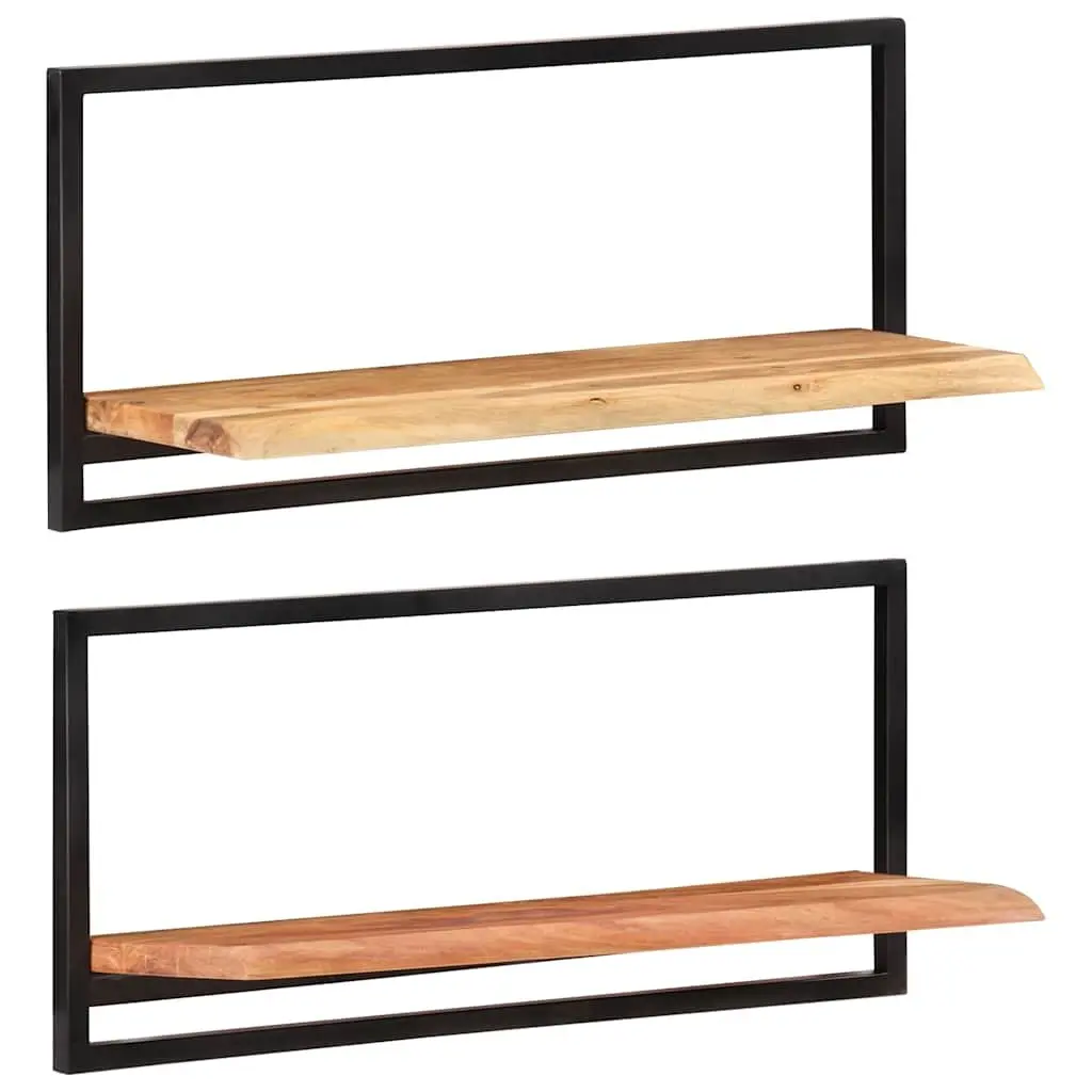 Wall Mounted Shelves Floating Display Brown Solid Acacia Wood Steel Frame 80x25x35 cm Set of 2