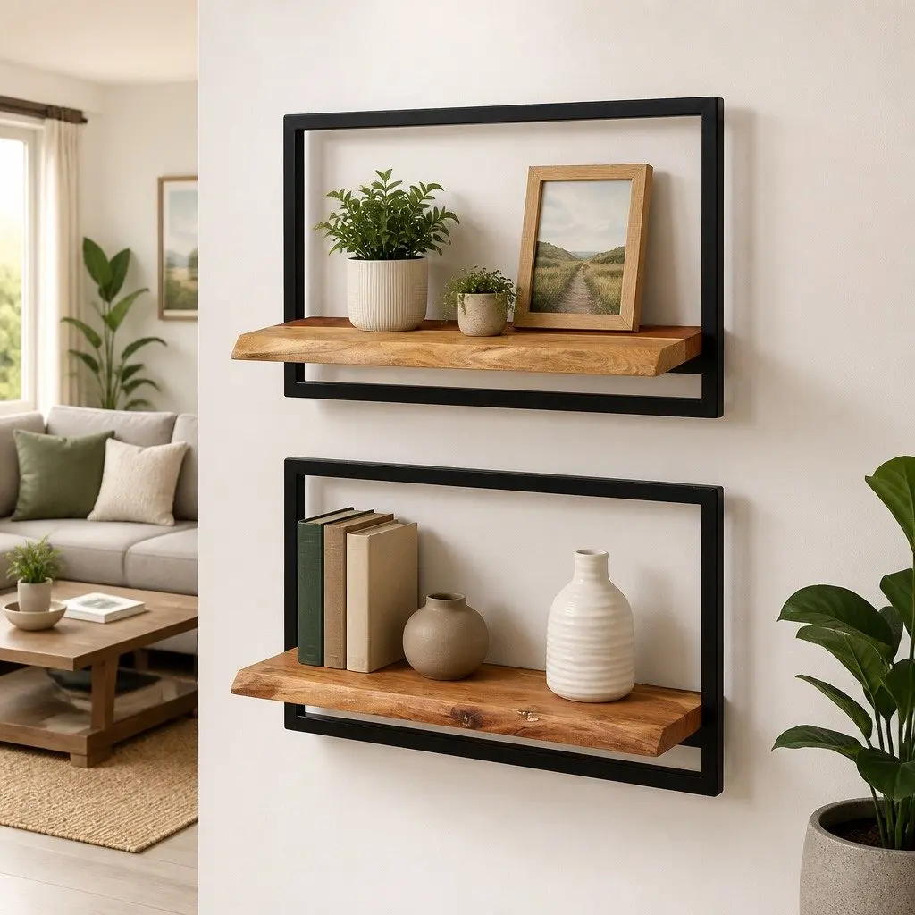 Wooden Wall Shelves Floating Acacia 60 x 25 x 35 cm Brown Set of 2