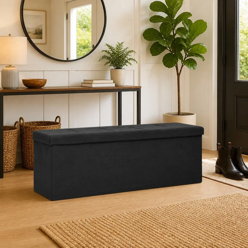 Folding Storage Bench Black Faux Linen Hallway Seat Box Container Ottoman