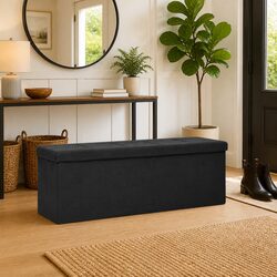 Folding Storage Bench Black Faux Linen Hallway Seat Box Container Ottoman