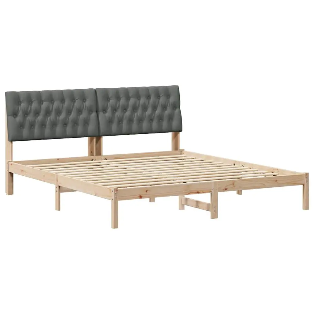 Bed Frame Solid Pine Wood Platform 180 x 200 cm Brown with Light Grey Upholstered Wall-Mounted Headboard