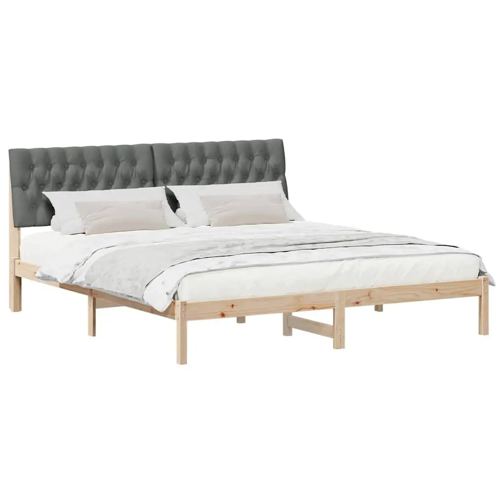 Bed Frame Solid Pine Wood Platform 180 x 200 cm Brown with Light Grey Upholstered Wall-Mounted Headboard
