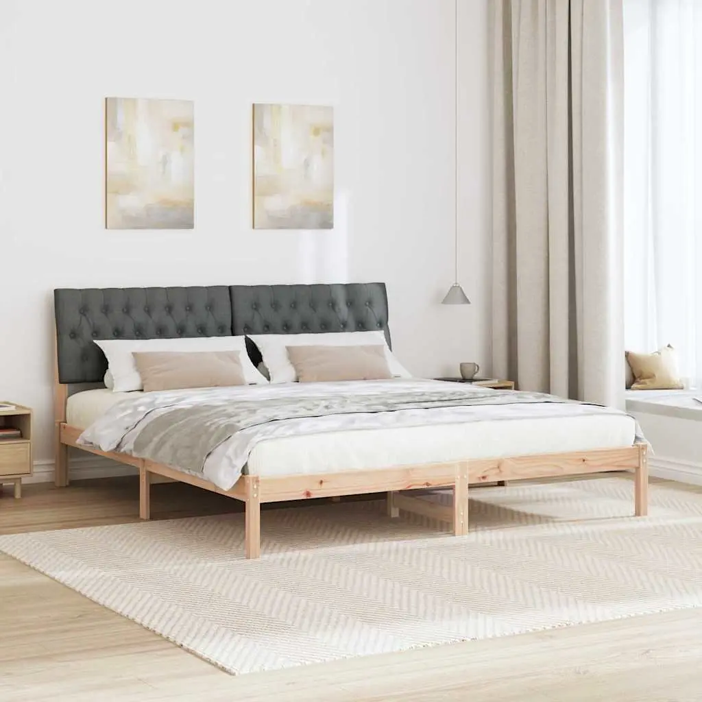 Bed Frame Solid Pine Wood Platform 180 x 200 cm Brown with Light Grey Upholstered Wall-Mounted Headboard