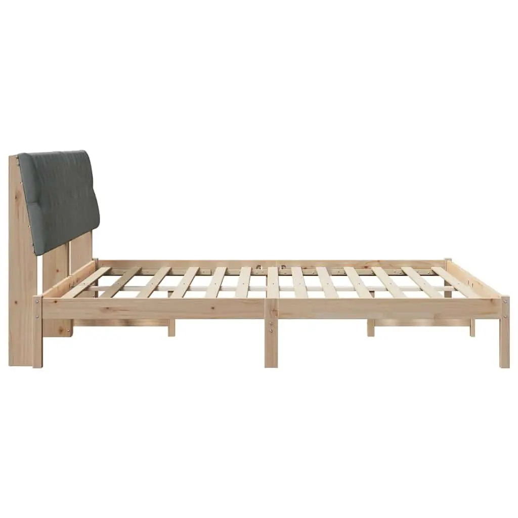 Bed Frame Solid Pine Wood Platform 180 x 200 cm Brown with Light Grey Upholstered Wall-Mounted Headboard