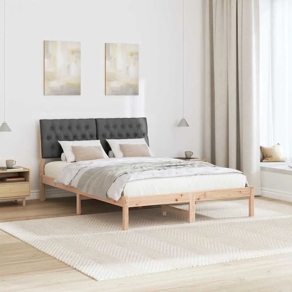 Bed Frame Platform Solid Pine Wood 150 x 200 cm Brown with Light Grey Upholstered Headboard