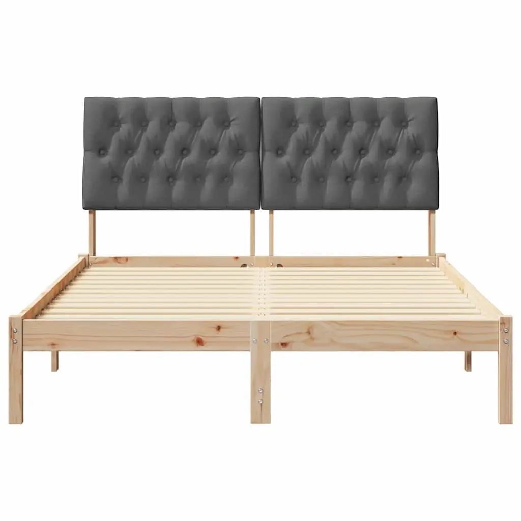 Bed Frame Platform Solid Pine Wood 150 x 200 cm Brown with Light Grey Upholstered Headboard